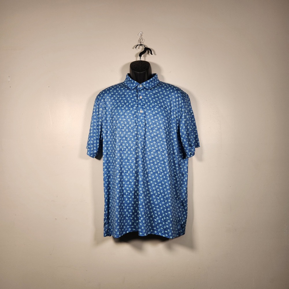 GREG NORMAN Polo Shirt Mens Large Blue Shark Fin Print Play Dry Golf Performance
